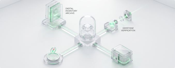 Futuristic diagram of gemstone connected to digital inventory archive and gemstone verification